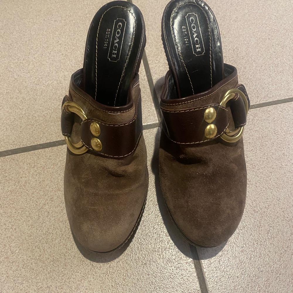 Coach Claude taupe suede mule heels